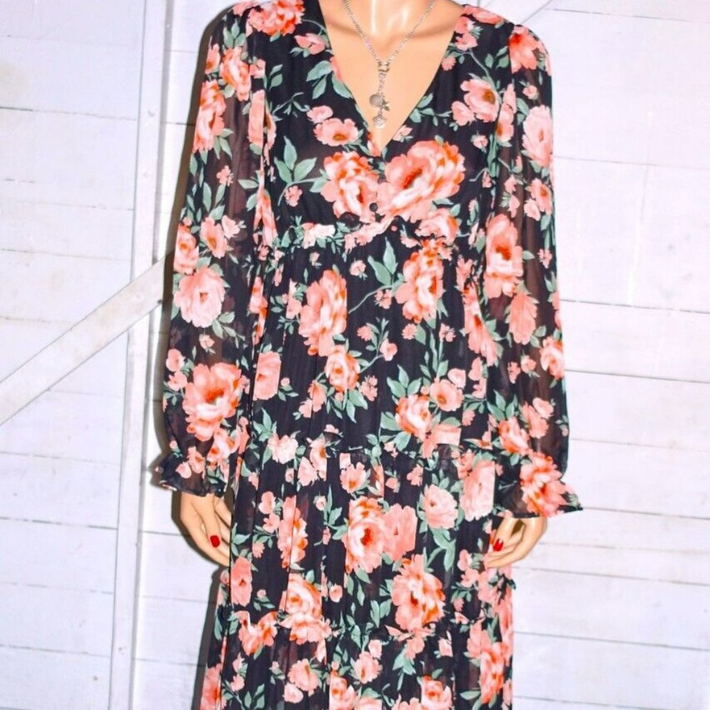 August Sky Salmon Black Floral Ruffle Tiered Maxi Dress M